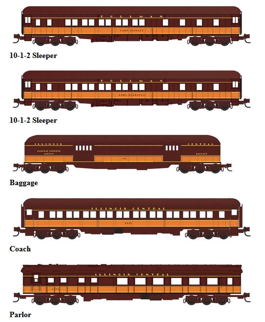 Micro-Trains Heavyweight Baggage, Coach, Parlor and 2 10-1-2 Sleeper 5-Car Set - Ready t -- Illinois Central 792, 2817, 3974, Lake Hiawatha, Lake Quinalt (brown, orange - 489-99301791