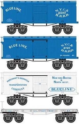 Micro-Trains Civil War Era 3 Boxcar and 1 Flatcar Set - Ready to Run -- Blue Line (New York, Boston and Northwest RR, blue, white) - 489-99301800