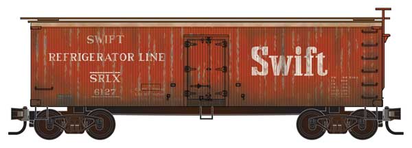 Micro-Trains 36' Wood-Sheathed Ice Reefer 16-Pack - Ready to Run -- Swift (Weathered, red, white) - 489-99301925