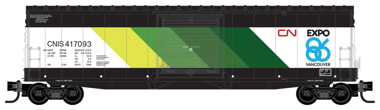 Micro-Trains 50' Boxcar with 10' Door, No Roofwalk, Short Ladders 2-Pack - Ready to Run -- Canadian National 417093, 417225 (Expo '86 Scheme, black, white, color bands - 489-99301960