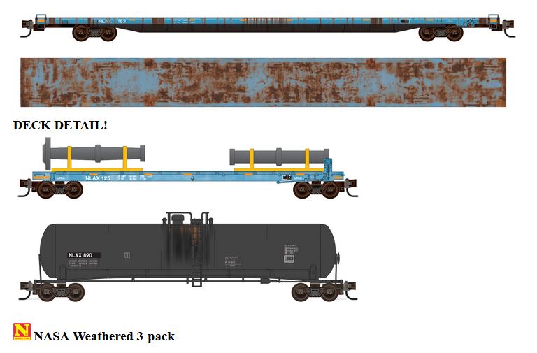 Micro-Trains 89' Flat-Deck Flatcar, 50' Flat, Pipe Load, 56' GS Tank Car - Ready to Run -- NASA - 489-99302020