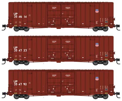 Micro-Trains 60' Rib-Side, Double-Plug-Door High-Cube Boxcar 3-Pack - Ready to Run -- Union Pacific 354614, 354723, 354792 (Boxcar Red, Small Shield Logo) - 489-99302150