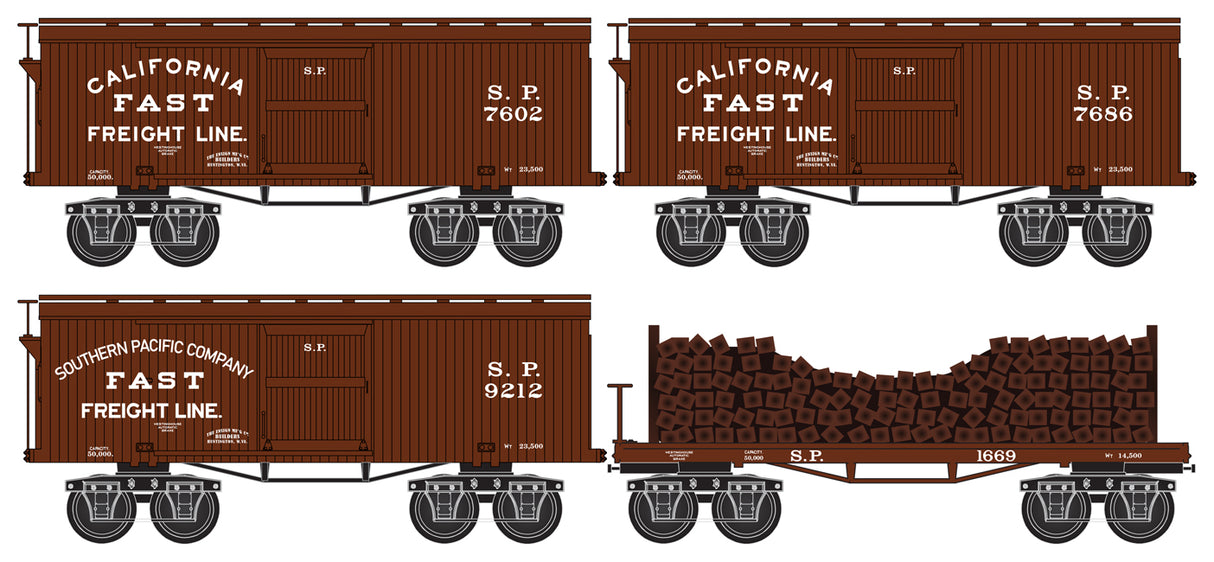 Micro-Trains Civil War Era 3-Boxcar and 1 Flatcar with Tie Load Set - Ready to Run -- Southern Pacific 7602, 7686, 9212, 1669 (Boxcar Red, Mixed Lettering) - 489-99302160