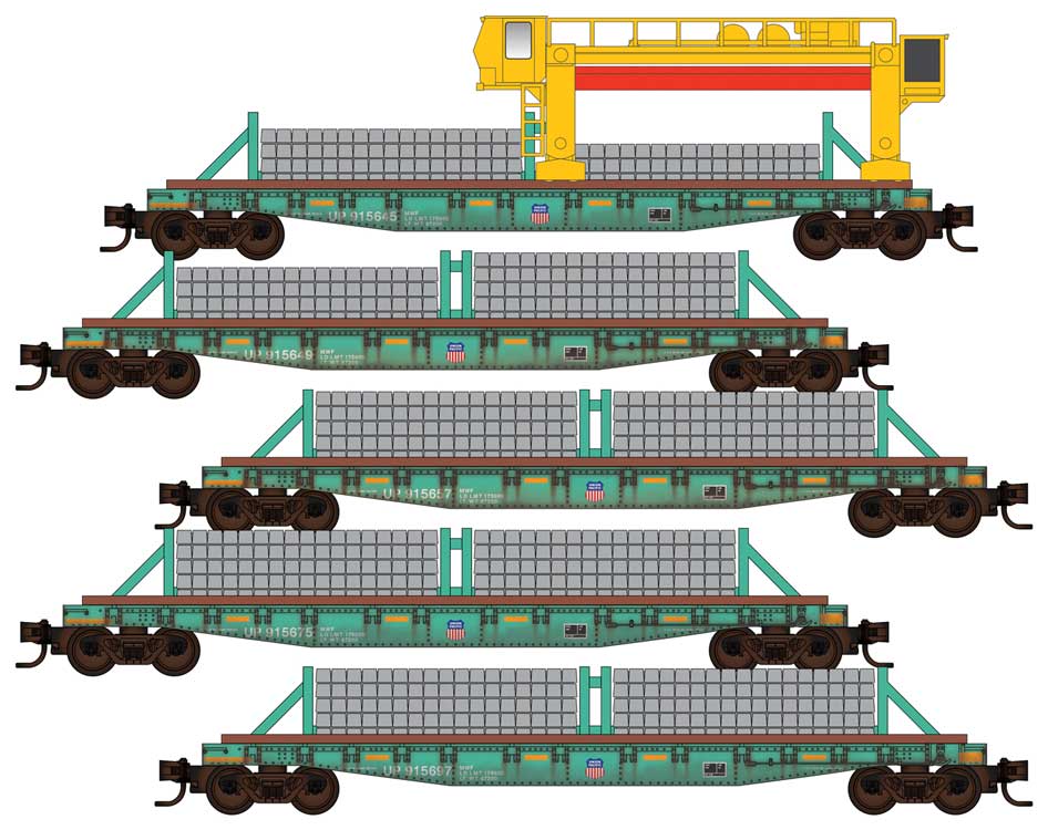 Micro-Trains Concrete Tie Flatcar 5-Pack with Load - Ready to Run with Tie Handler Kit -- Union Pacific 915645, 915649, 915647, 915675, 915697 (MOW green) - 489-99302170