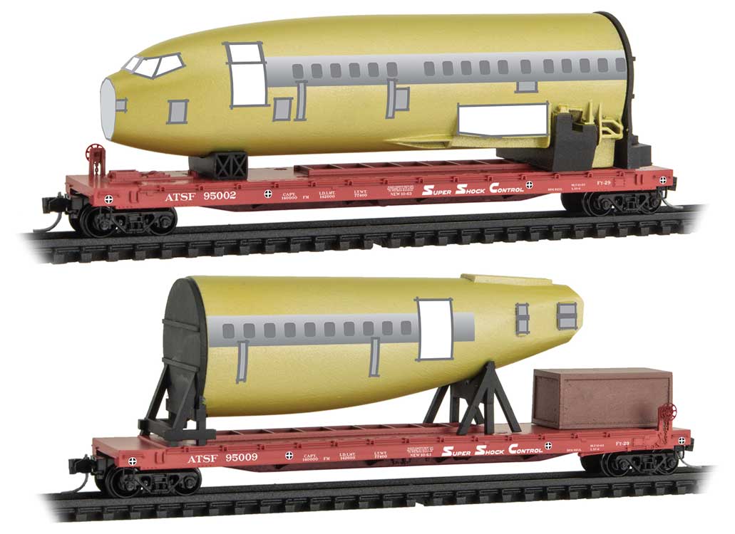 Micro-Trains 50' Straight-Side Flatcar, Side Brakewheel & Fuselage Load 2-Pack - Ready t -- Santa Fe #95002, 95009 (red, white) - 489-99302181