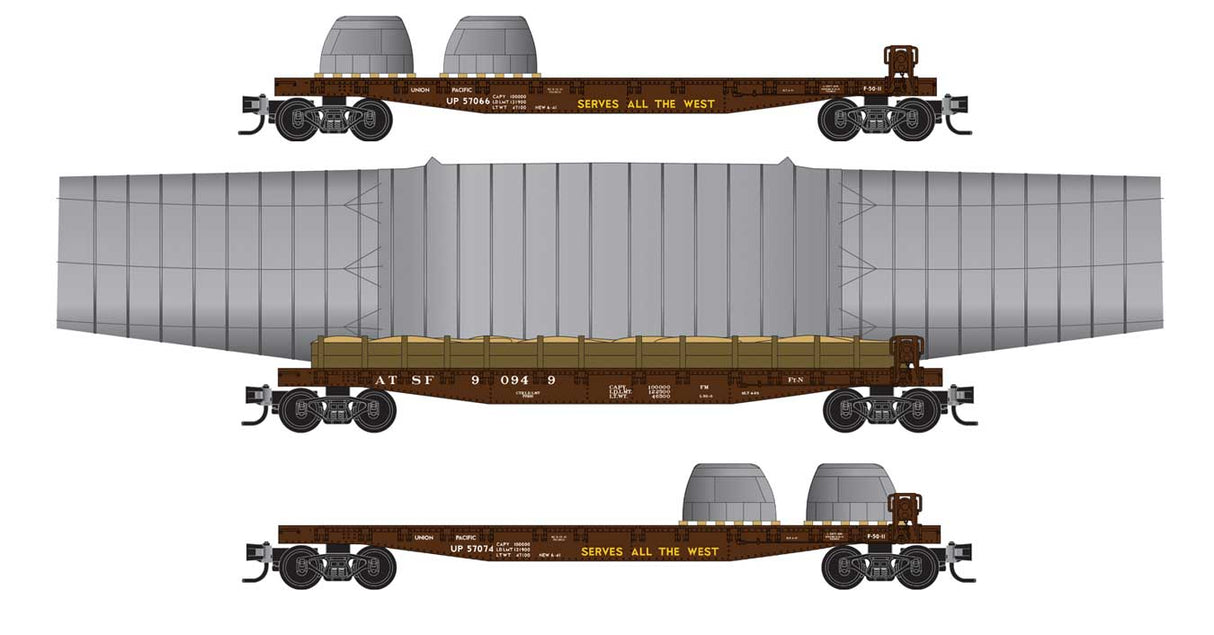 Micro-Trains 50' Wing Carrier Flatcar Set with Loads - Kit -- Union Pacific 57066, 57074, Santa Fe 90949 (Boxcar Red) - 489-99302182