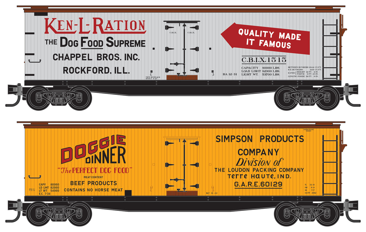 Micro-Trains 40' Double-Sheathed Wood Reefer 2-Pack - Ready to Run -- 1 Each: Ken-L-Ration 1515 (white), Doggie Dinner 60129 (yellow) (Dog Food Se - 489-99302190