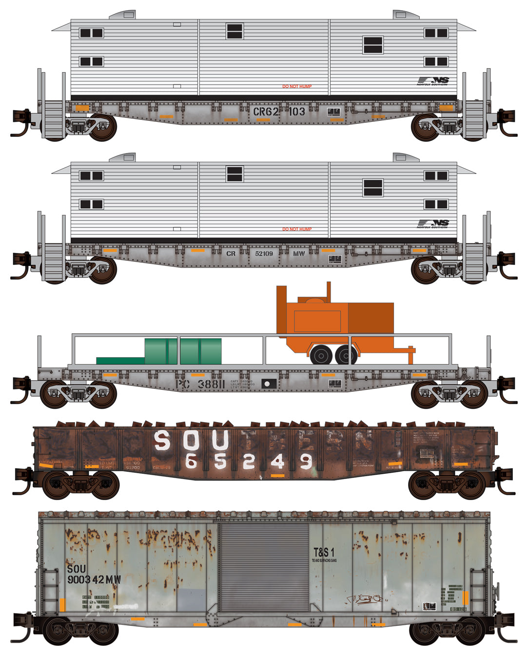 Micro-Trains 5-Car Work Train Set - Ready to Run -- Norfolk Southern (Weathered) - 489-99302200
