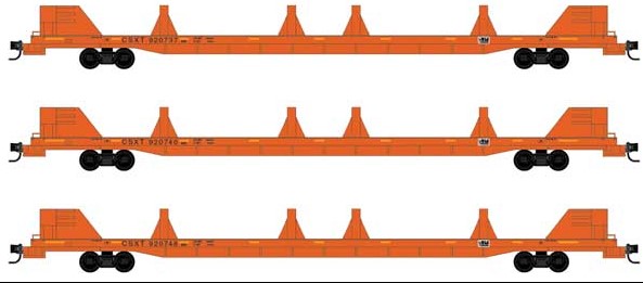 Micro-Trains 89'4" Flatcar for Rail Transport w/Rail Section Cradle - Ready to Run -- CSX #920737, 920740, 920748 (MOW orange, unpainted cradle kits) - 489-99302203
