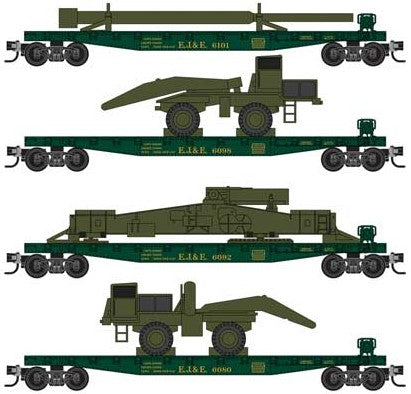 Micro-Trains 50' Fishbelly-Side Flatcar w/Side Brake Wheel 4-Pack - Ready to Run -- With M65 Atomic Cannon Load - Elgin, Joliet & Eastern #6080, 6098, 6092, 610 - 489-99302204