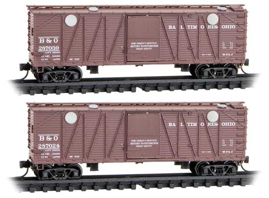 Micro-Trains 40' Wood Boxcar Cement Hopper 2-Pack in Foam Nest - Ready to Run -- Baltimore & Ohio #287024, 287039 (Boxcar Red, with Unassembled Loading Hatch - 489-99302210