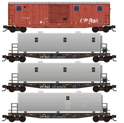 Micro-Trains Camp Car Set - Bunk & 3 Flats w/Trailers - Foam Nest - Ready to Run -- Canadian Pacific #24956, 424272, 424276, 424621 - 489-99302212