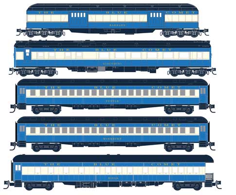 Heavyweight Baggage, 2 Coach, Sleeper, Observation Set Foam Nest - Ready to -- Central Railroad of New Jersey (Blue Comet, blue, white, black)