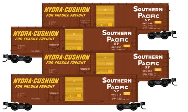 Micro-Train N 50' Plug & Sliding Door Boxcar No Roofwalk 4-Pack Foam Nest - Ready to Run -- Southern Pacific #663098, 663083, 663064, 663018 (Boxcar Red, white, yellow) - 489-99302216