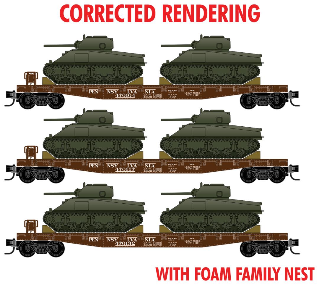Micro-Train N 50' Fishbelly-Side Flatcar w/M4 Sherman Tank 4-Pack Foam Nest - Ready to Run -- Pennsylvania Railroad (Tuscan, Undecorated Tank Load Kit) - 489-99302217