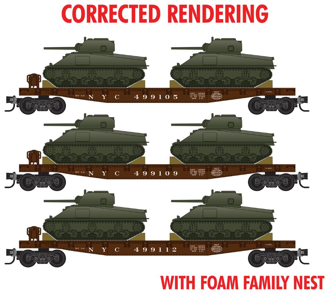 Micro-Train N 50' Fishbelly-Side Flatcar w/M4 Sherman Tank 3-Pack Foam Nest - Ready to Run -- New York Central (Boxcar Red, Undecorated Tank Load Kit) - 489-99302219