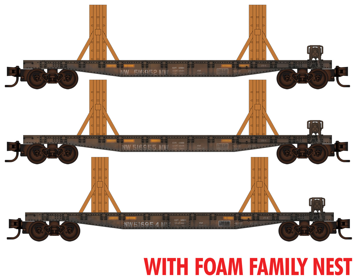 Micro-Trains 50' Fishbelly-Side Flatcar Flatcar w/Ribbon Rail Rack Kit 3-Pack - Ready to Ru -- Norfolk Southern Set #1 #516952, 516954, 516955 (black) Foam Nest - 489-99302220