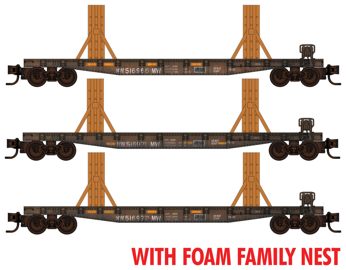 Micro-Trains 50' Fishbelly-Side Flatcar Flatcar w/Ribbon Rail Rack Kit 3-Pack - Ready to Ru -- Norfolk Southern Set #2 516966, 516971, 516972 (black) Foam Nest - 489-99302221