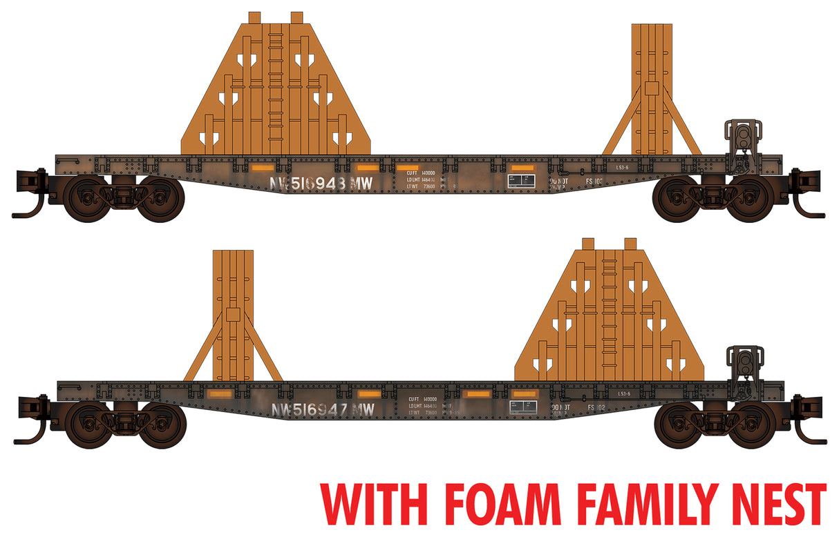 Micro-Trains 50' Fishbelly-Side Flatcar Flatcar w/Ribbon Rail Rack Ends Kit 2-Pack - RTR -- Norfolk Southern #516947, 516948 (black) Foam Nest - 489-99302222