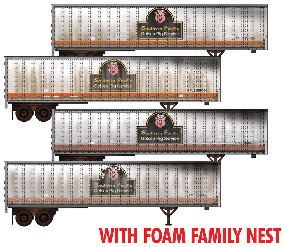 45' Van Trailer 4-Pack Foam Nest - Assembled -- Southern Pacific #250115, 250066, 250070, 250082 (Weathered, white, black, o