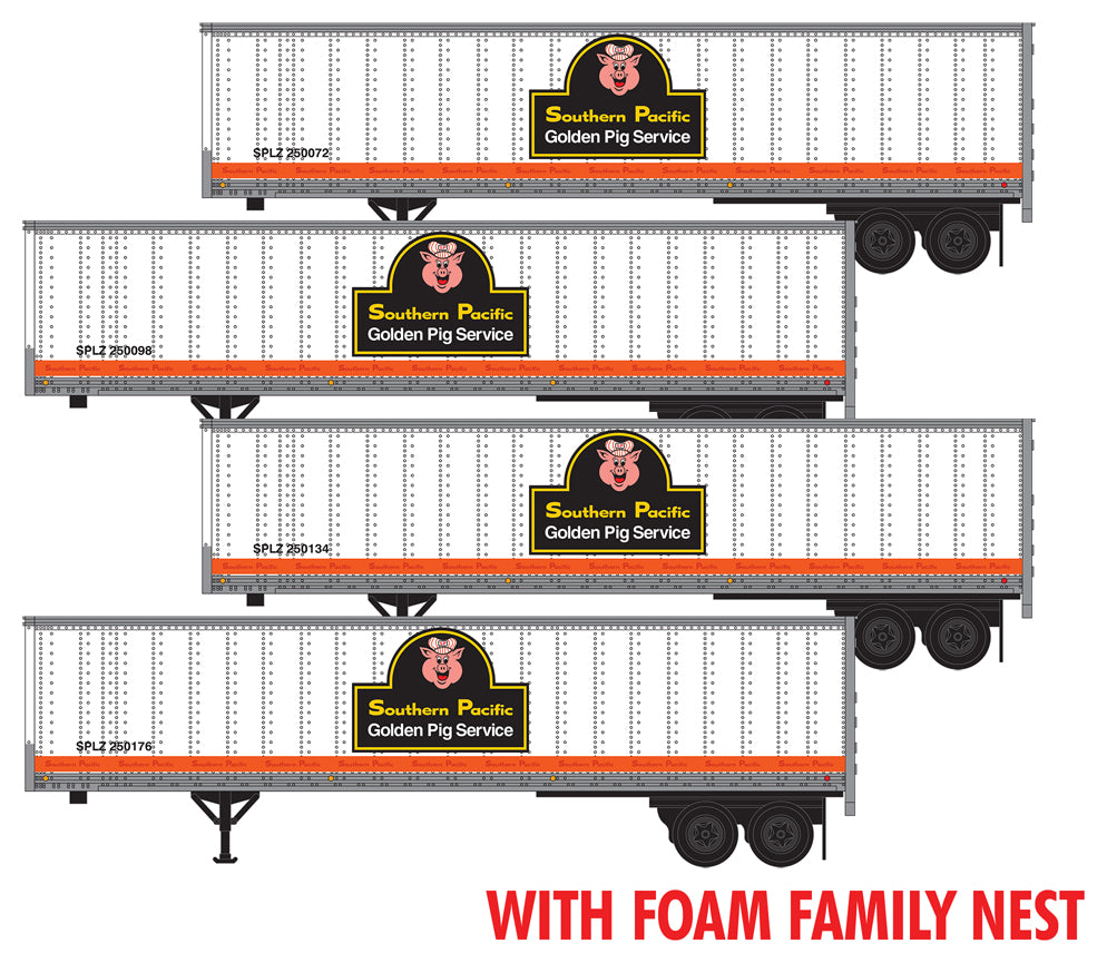 45' Van Trailer 4-Pack - Assembled, Foam Nest -- Southern Pacific #250072, 250098, 250134, 250176 (white, orange, Golden Pig)