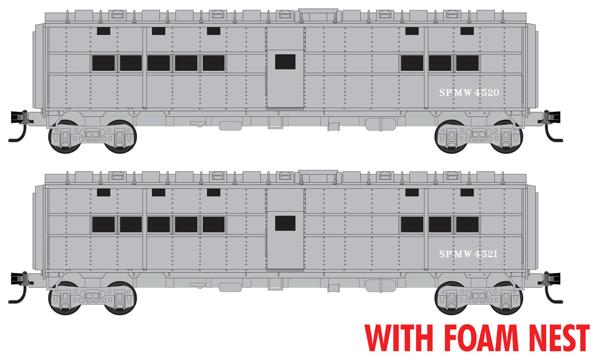 MOW Camp/Bunk Car Converted Troop Kitchen 2-Pack - Ready to Run Foam Nest -- Southern Pacific #4520, 4521 (light gray)