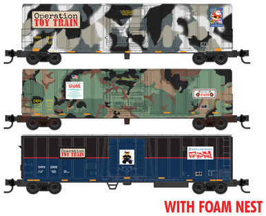 Micro-Trains 2-50' Boxcars & 51' Mechanical Reefer - Ready to Run - Foam Nest -- Toys for Tots (2 Camouflage, 1 blue, black) - 489-99302233
