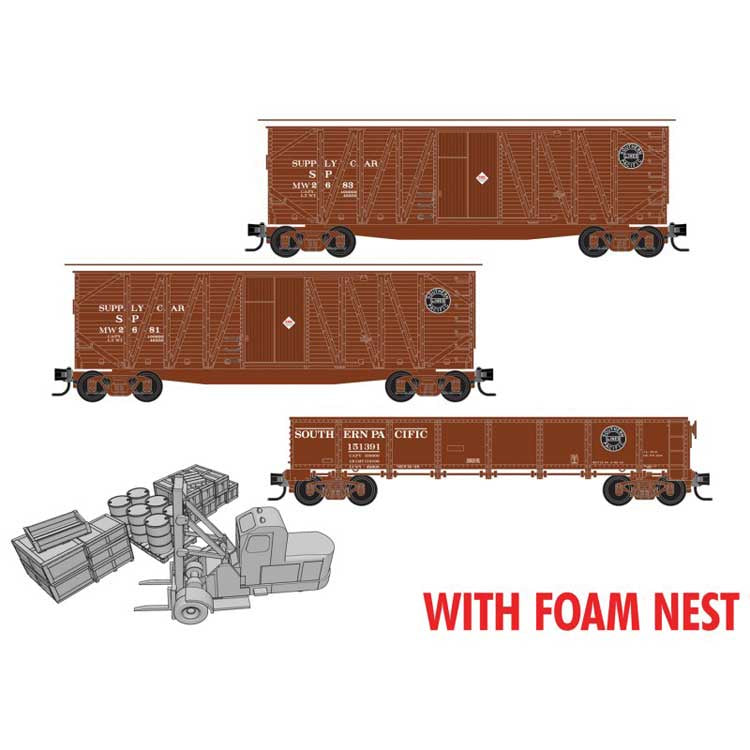 Micro-Trains N (2) 40' Wood Boxcars, 40' GS Gondola, Forklift & Cargo Kit Set - RTR - Foam Nest -- Southern Pacific #MW 2681, 2683, 151391 (MOW Scheme, Unpainted Accessories)