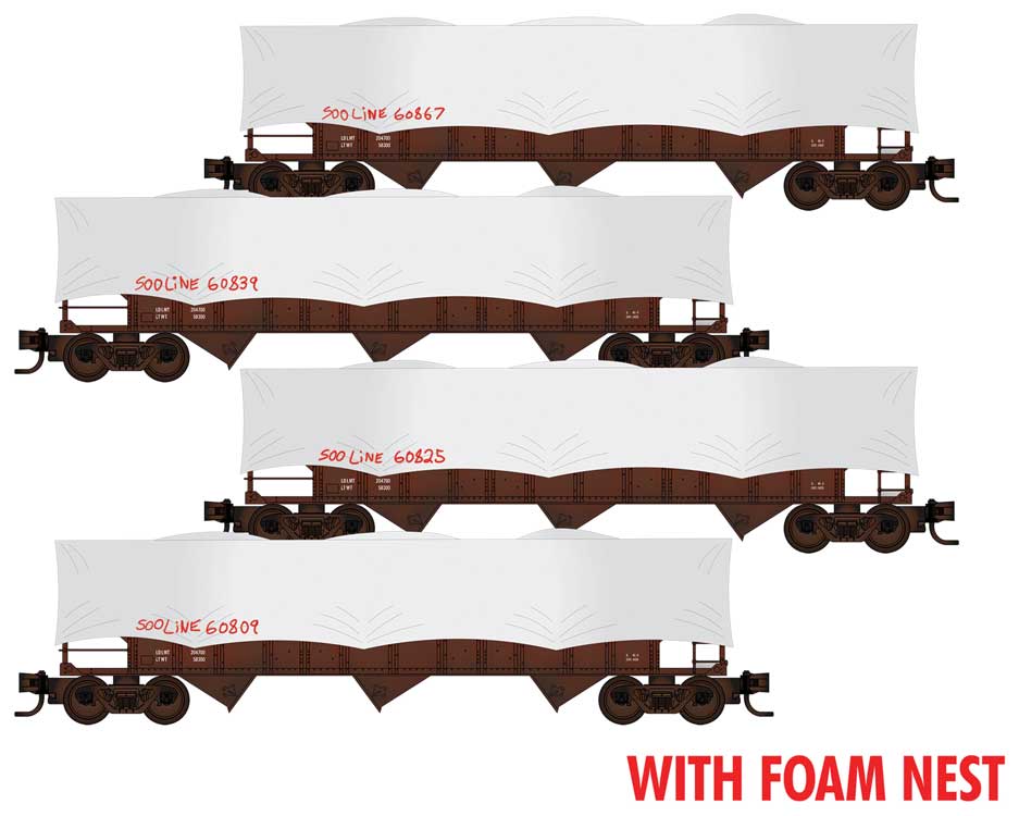 Micro-Trains N 100-Ton 3-Bay Ribside Open Hopper w/Tarp Cover 4-Pack - Ready to Run Foam Nest -- Soo Line #60867, 60839, 60825, 60809 (Weathered, Boxcar Red)