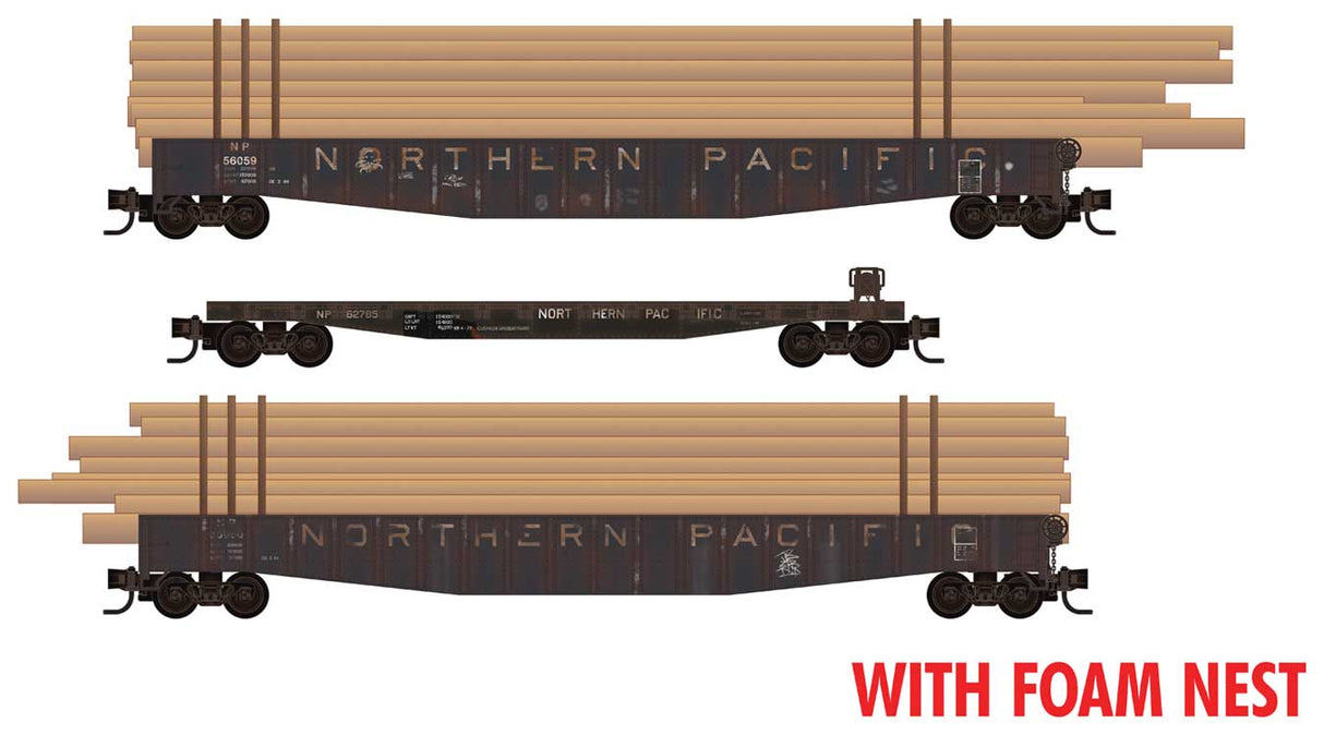 Micro-Trains N (2) 65' Mill Gondolas, 50' Idler Flatcar, Pole Loads - Ready to Run - Foam Nest -- Northern Pacific #56059, 62785, 56080 (Weathered, black, white)