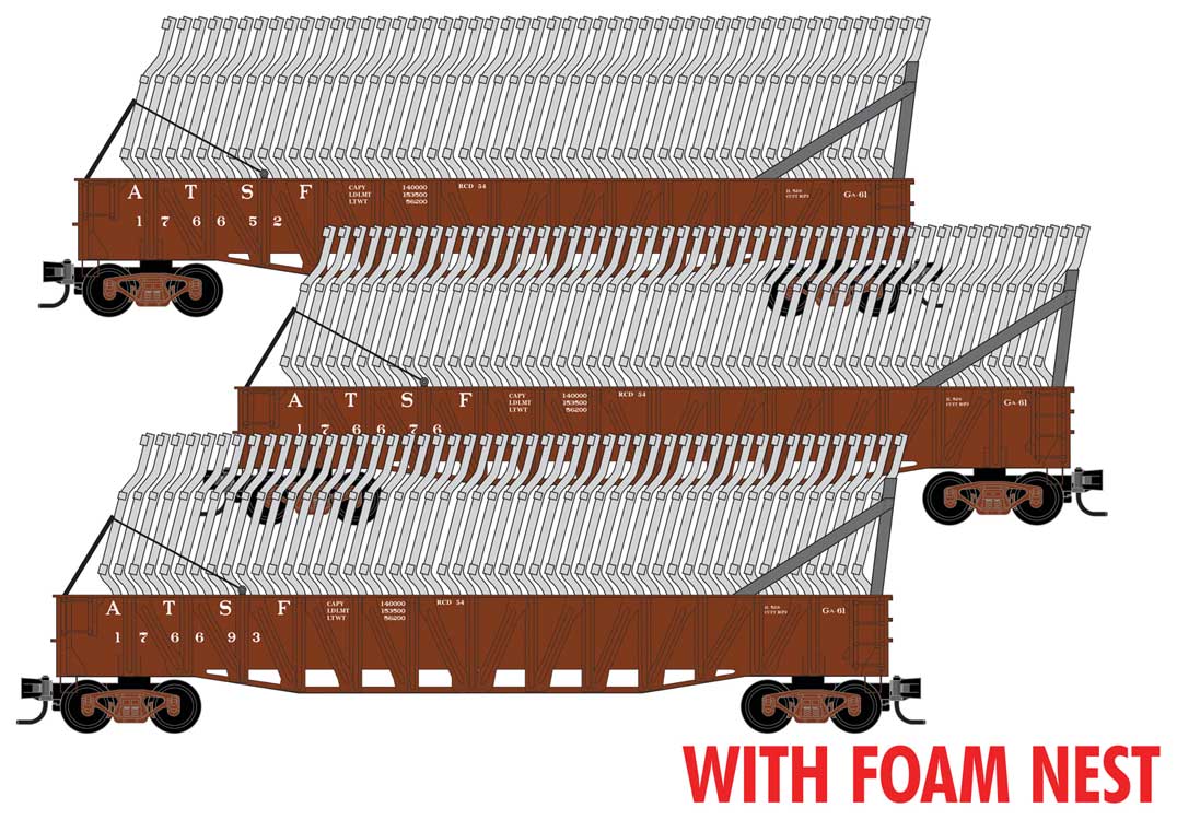 Micro-Trains N 50' Composite Gondola w/Fishbelly Sides & Auto Frame Load Kit RTR - Foam Nest -- Santa Fe #176652, 176676, 176693 (Boxcar Red)
