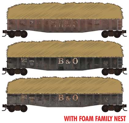 Micro-Trains N 50' Steel Side 14-Panel Gondola w/Hay Load 3-Pack - Ready to Run - Foam -- Baltimore & Ohio #354820, 354178 (black) Southern Railway #314008 (brown)