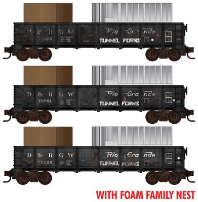 Micro-Trains N 40' Drop-Bottom Gondola w/Tunnel Forms Load 3-Pack - Ready to Run - Foam -- Denver & Rio Grande Western #72692, 72628, 72681 (Weathered, black)