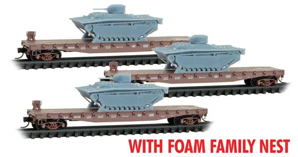 Micro-Trains N 50' Fishbelly-Side Flatcar w/LVT(A)1 Tank Load 3-Pack - Ready to Run Foam -- Southern Pacific #79700, 79753, 79795 (Boxcar Red)