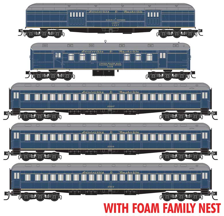 Micro-Trains N Heavyweight RPO, Baggage & 3 Coach Set - Ready to Run - Jewel Case -- Louisville & Nashville #1447, 1116, 2507, 2510, 2512 (blue, yellow)