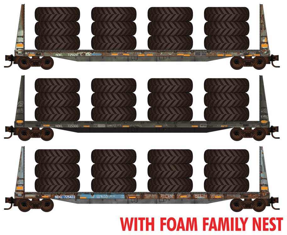 Micro-Trains N 61' 8" Bulkhead Flatcar 3-Pack w/Large Tire Load - Ready to Run - Foam Nest -- Northwestern Oklahoma #725121, 725300, 725422 (weathered, blue, yellow)