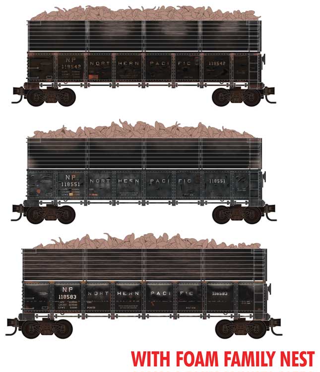 Micro-Trains N-Scale 40' Drop-Bottom Gondola, Extentions & Sugar Beet Load 3-Pack Ready to Run Fo -- Northern Pacific #118583, 118551, 118542 (Weathered, black)