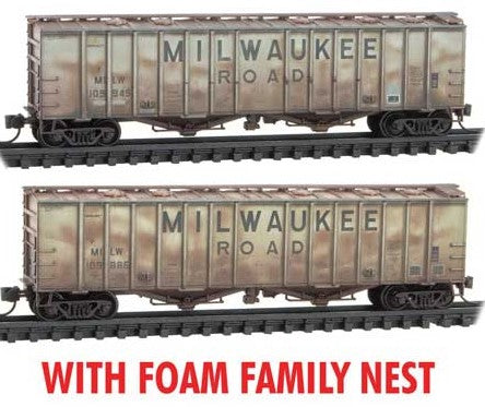 Micro-Trains 50' Airslide Covered Hopper 2 Pack w/Foam Nest - Ready to Run -- Milwaukee Road #109945, 109885 (Weathered, gray, black, Billboard Lettering) - 489-99305024