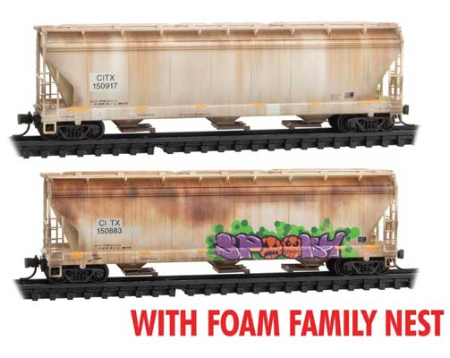 Micro-Trains ACF 3-Bay Center Flow Covered Hopper 2-Pack, Elongated Hatches Ready to Run -- CITX 150917, 150883 (Weathered, gray, yellow conspicuity marks, Halloween Gr - 489-99305027