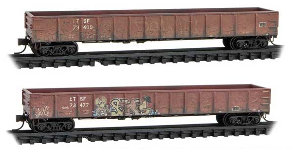 Micro-Trains 50' Steel Side 14-Panel Gondola, Fixed Ends, Straight Side 2-Pack - Ready t -- Santa Fe #73469, 73477 (Weathered, Boxcar Red, Graffiti, Foam Nest) - 489-99305031