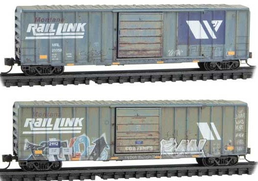 Micro-Trains 50' Rib-Side Single-Door Boxcar No Roofwalk Foam Nest 2-Pack - Ready to Run -- Montana Rail Link #21059, 21112 (Weathered, blue, white, Graffiti) - 489-99305032