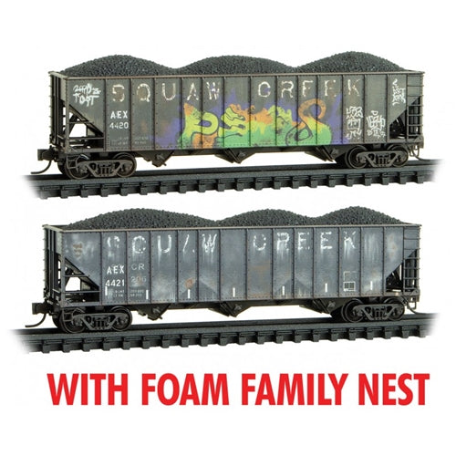 Micro-Trains 100-Ton 3-Bay Ribside Open Hopper w/Load 2-Pack Foam Nest - Ready to Run -- Squaw Creek Coak AEX #4420, 4421 (Weathered, black, Graffiti) - 489-99305034