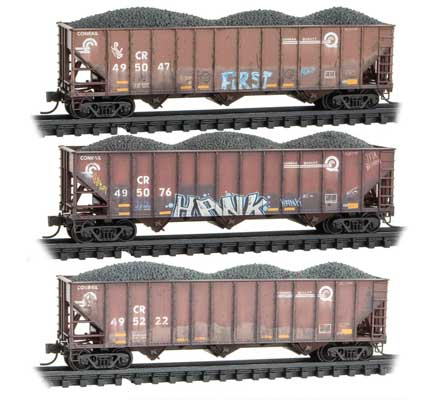 Micro-Trains 100-Ton 3-Bay Ribside Open Hopper w/Coal Load, Foam Nest 3-Pack - Ready to -- Conrail #495047, 495076, 495222 (Weathered, Boxcar Red, Graffiti - 489-99305035
