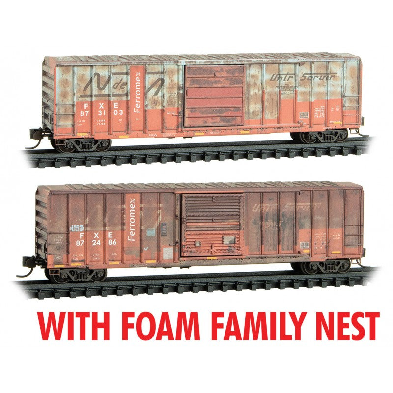 Micro-Trains 50' Rib-Side Plug-Door Boxcar No Roofwalk 2-Pack Foam Nest - Ready to Run -- Ferromex #873103, 872486 (Weathered, 2 Patched Schemes) - 489-99305038