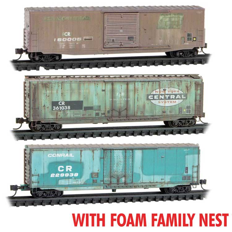 Micro-Trains 50' Boxcar 3-Pack (2 Plug and 1 Single-Door) - Ready to Run - Foam Nest -- Conrail #160005, 361038, 229938 (Weathered, ExpPC, NYC, Jade Green) - 489-99305041