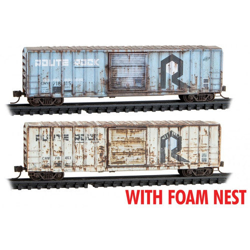 50' Rib-Side Single-Door Boxcar No Roofwalk 2-Pack - Ready to Run - Foam Nest -- Chicago & North Western #718115, 718463 (Ex-RI, 1 Each blue, white, Weathered)
