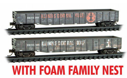 Micro-Trains 50' 15-Panel Fixed-End Fishbelly-Side Gondola 2-Pack Foam Nest - Ready to Run -- Illinois Central Gulf #245056, 245669 (Weathered, black, 1 w/orange letterin - 489-99305044