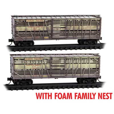 Micro-Trains 40' Despatch Stock Car 2-Pack Foam Nest - Ready to Run -- Union Pacific #48246D, 48279D (Weathered, Boxcar Red, yellow) - 489-99305045