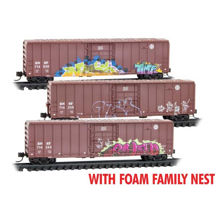 Micro-Trains 50' Rib-Side Plug-Door Boxcar No Roofwalk 3-Pack, Foam Nest - Ready to Run -- BNSF Railway #714028, 714235, 714243 (Weathered, Boxcar Red, Graffiti) - 489-99305048
