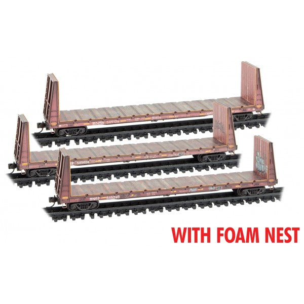 Micro-Trains 61' 8" Bulkhead Flatcar 3-Pack - Ready to Run - Foam Nest -- BNSF Railway #545129, 545404, 545293 (Weathered, Boxcar Red, graffiti) - 489-99305051